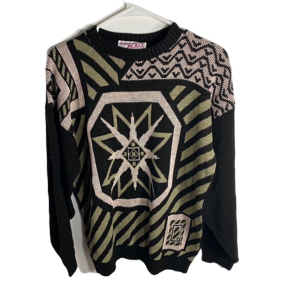 Vintage Clifton Place Sweater 80s 90s Black Cream Tan Black Geometric Striped